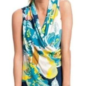 Cabi #741 Spring Blossom Faux Wrap Blouse Top Blue Yellow Large